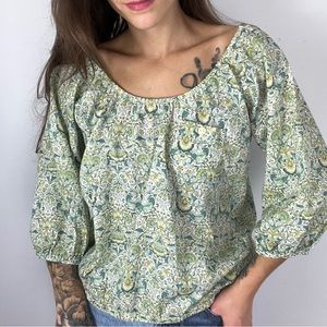 Liberty Arts Fabrics J. Crew Green Floral Cottage Core Peasant Top